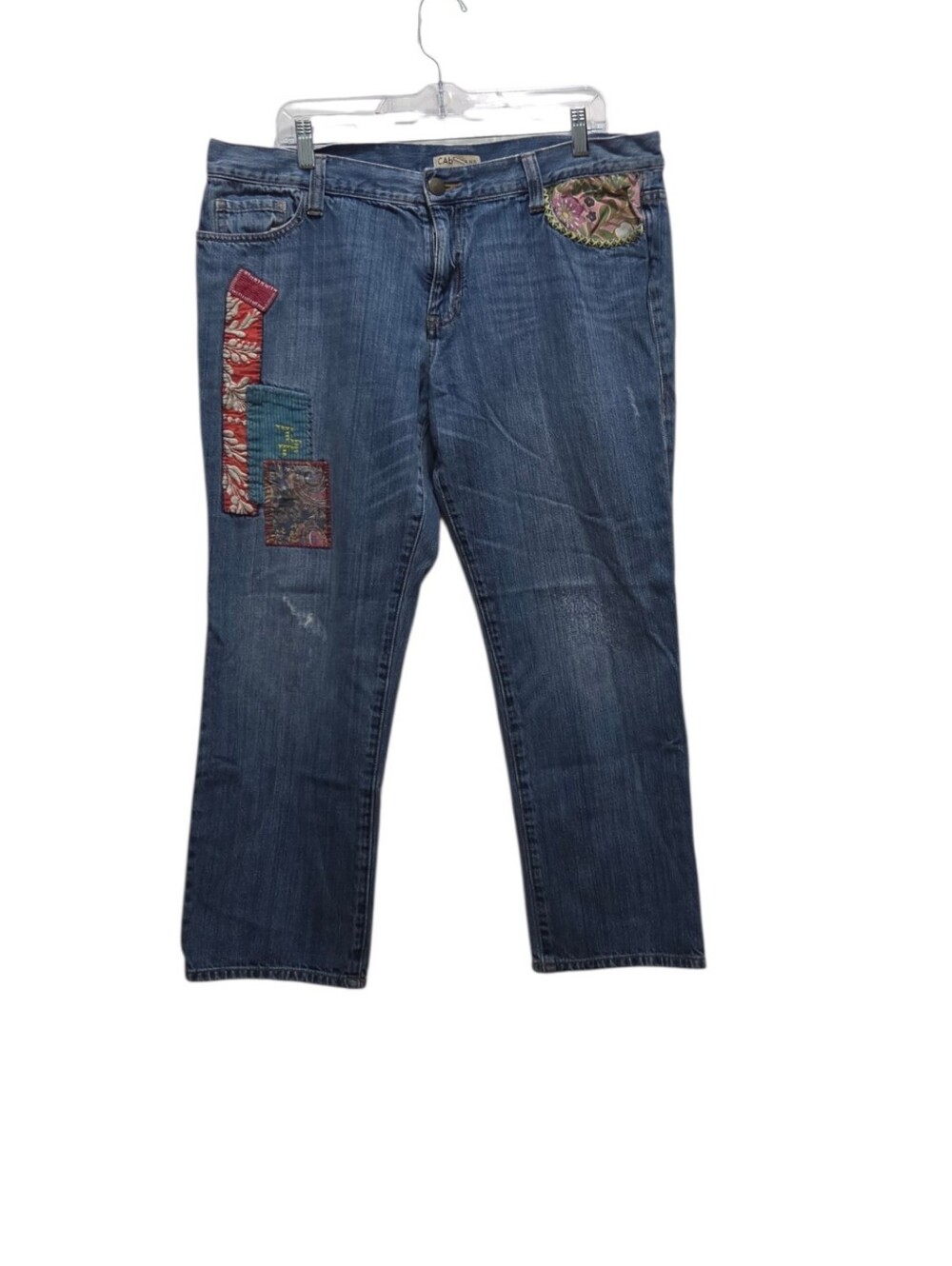 CAbi 887 Jeans 14 Patchwork Boyfriend Cropped Denim Boho Embroidered Distressed